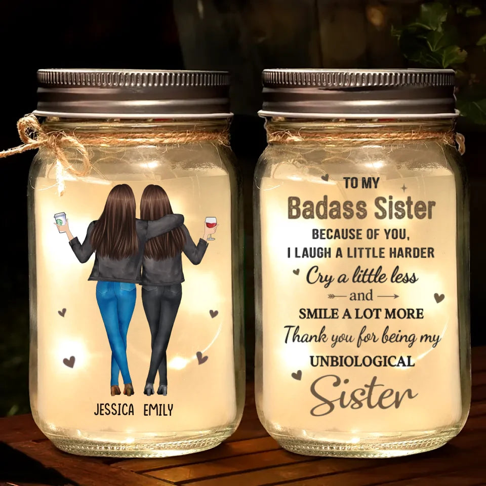 Because Of You, I Laugh A Little Harder - Bestie Personalized Custom Mason Jar Light - Gift For Best Friends, BFF, Sisters
