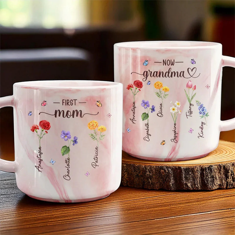 First Mom, Now Grandma - Family Personalized Custom Marble Mug - Gift For Mom, Grandma