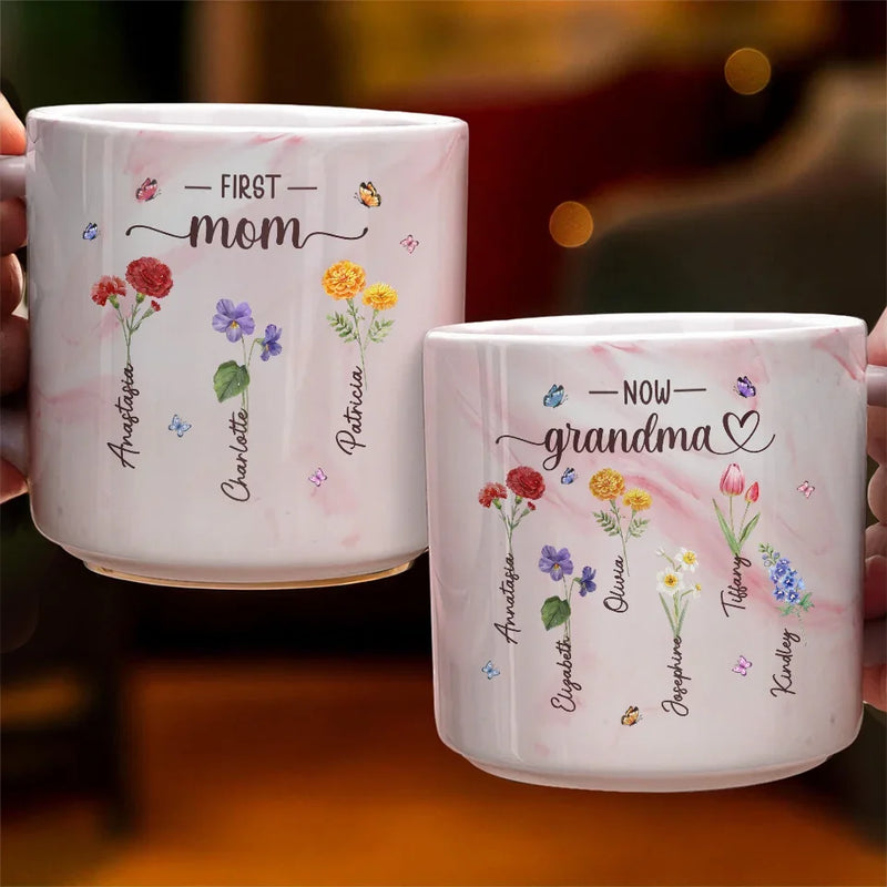 First Mom, Now Grandma - Family Personalized Custom Marble Mug - Gift For Mom, Grandma