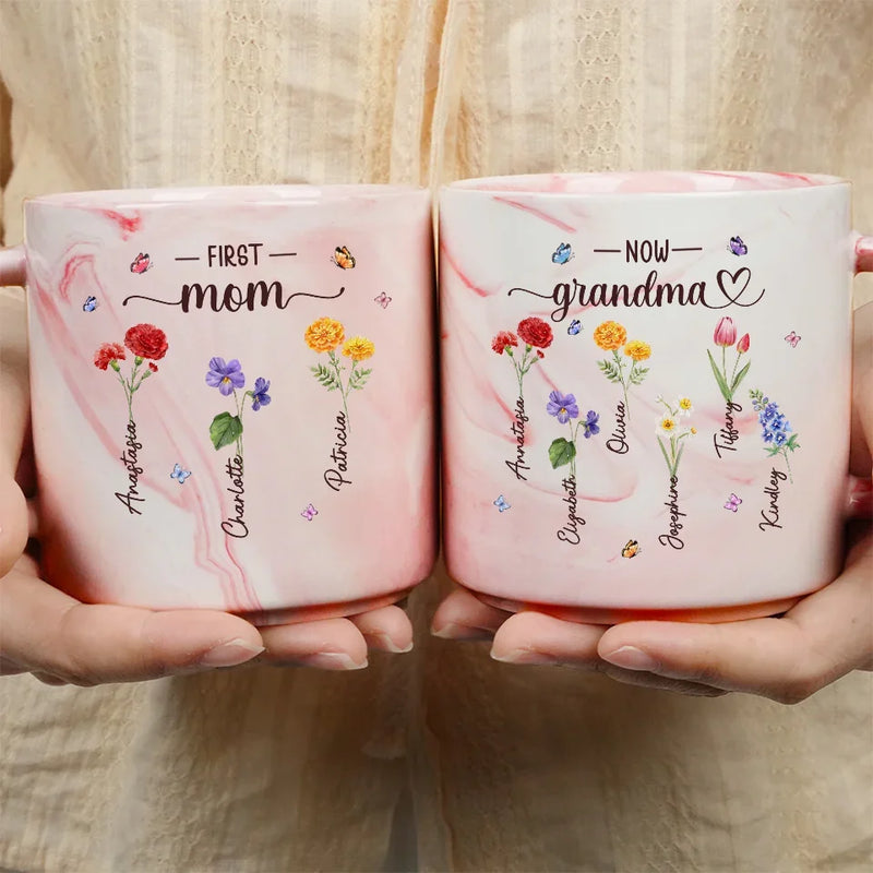 First Mom, Now Grandma - Family Personalized Custom Marble Mug - Gift For Mom, Grandma