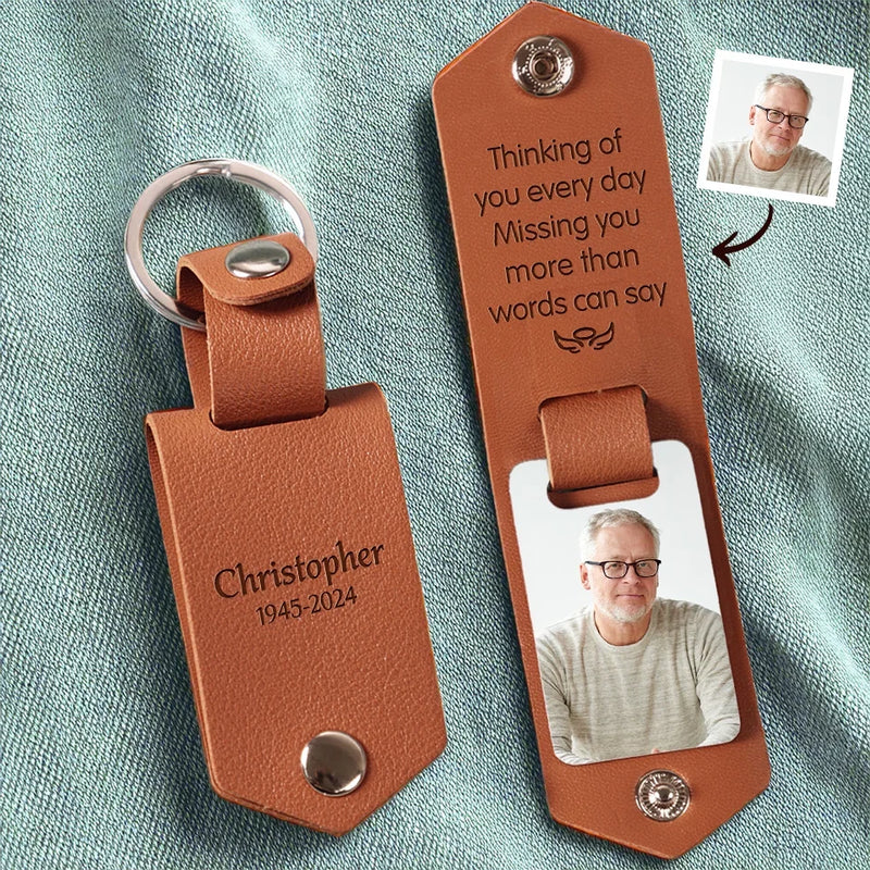 Custom Photo Thinking Of You Every Day - Memorial Personalized Custom Engraved Leather Keychain - Sympathy Gift For Family Members
