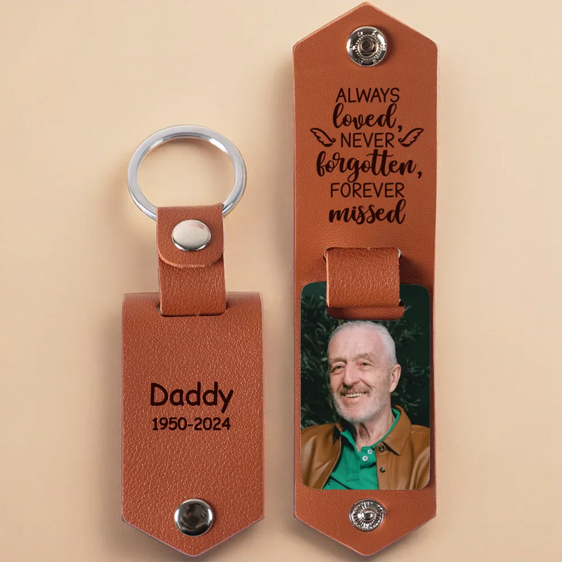 Custom Photo Always Loves, Never Forgotten, Forever Missed - Memorial Personalized Custom Engraved Leather Keychain - Sympathy Gift For Family Members