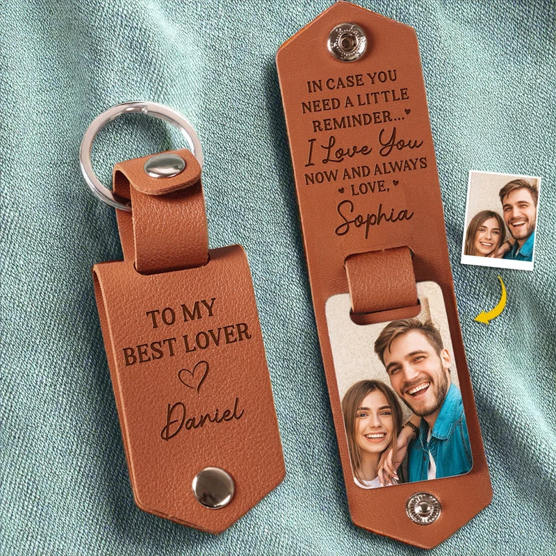 Custom Photo With You, Love Feels Endless - Couple Personalized Custom Engraved Leather Keychain - Gift For Husband Wife, Anniversary