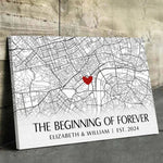 Location Map The Beginning Of Forever - Couple Personalized Custom Map Horizontal Canvas - Map Art, Gift For Husband Wife, Anniversary, Long Distance Relationship