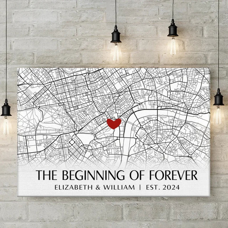 Location Map The Beginning Of Forever - Couple Personalized Custom Map Horizontal Canvas - Map Art, Gift For Husband Wife, Anniversary, Long Distance Relationship