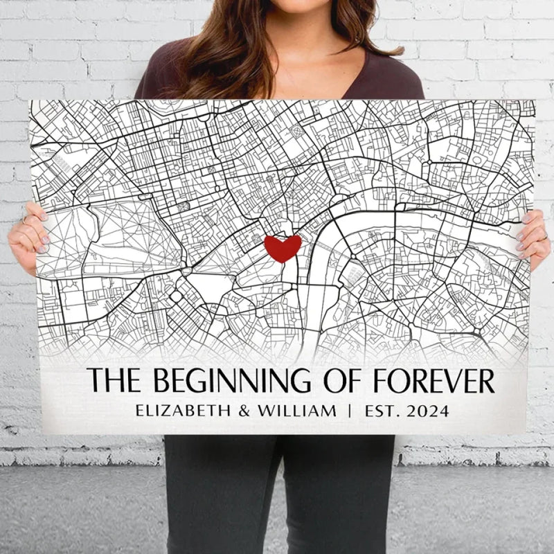 Location Map The Beginning Of Forever - Couple Personalized Custom Map Horizontal Canvas - Map Art, Gift For Husband Wife, Anniversary, Long Distance Relationship