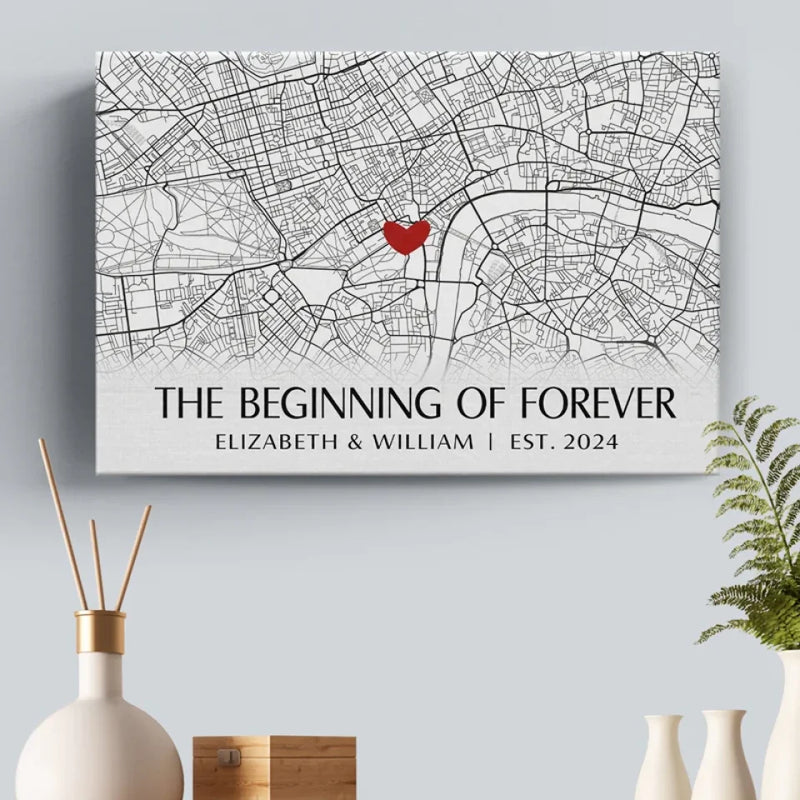 Location Map The Beginning Of Forever - Couple Personalized Custom Map Horizontal Canvas - Map Art, Gift For Husband Wife, Anniversary, Long Distance Relationship