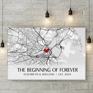 Carte de localisation « Le début de l'éternité » - Carte personnalisée pour couple sur toile horizontale - Art cartographique, cadeau pour mari et femme, anniversaire, relation à distance