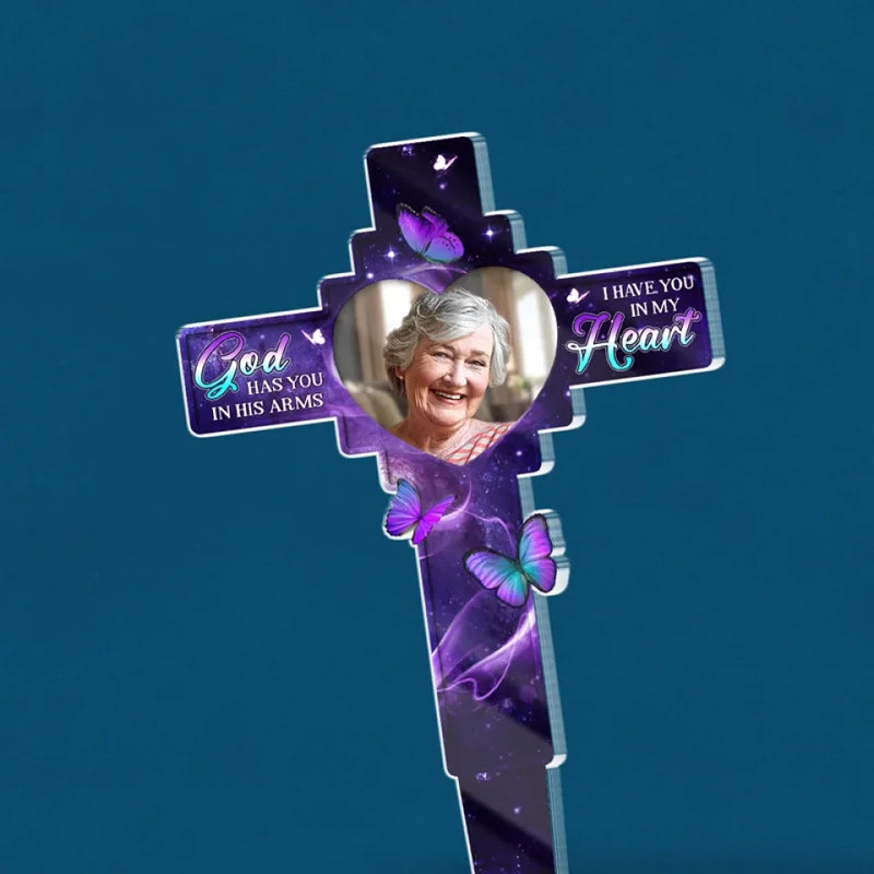 Custom Photo In Our Hearts Always - Memorial Personalized Custom Stain Glass Style Acrylic Garden Stake - Sympathy Gift For Family Members