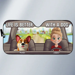 Où que notre maman à fourrure aille, nous sommes toujours là pour elle - Pare-soleil de pare-brise de voiture personnalisé pour chien, protecteur de fenêtre de voiture - Cadeau pour les propriétaires d'animaux, les amoureux des animaux