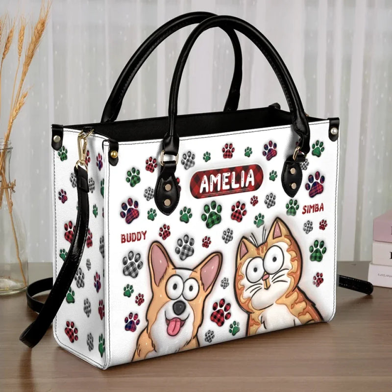 Furever Friends - Dog & Cat Personalized Custom 3D Inflated Effect Printed Leather Handbag - Gift For Pet Owners, Pet Lovers