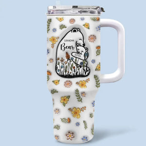 L'amour grandit avec la joie des petits-enfants - Gobelet personnalisé en acier inoxydable avec poignée, effet gonflé 3D, imprimé, 40 oz - Cadeau pour maman et grand-mère