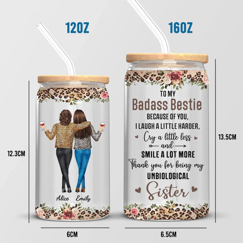 Sisterhood Is Powerful - Bestie Personalized Custom Glass Cup, Iced Coffee Cup - Gift For Best Friends, BFF, Sister