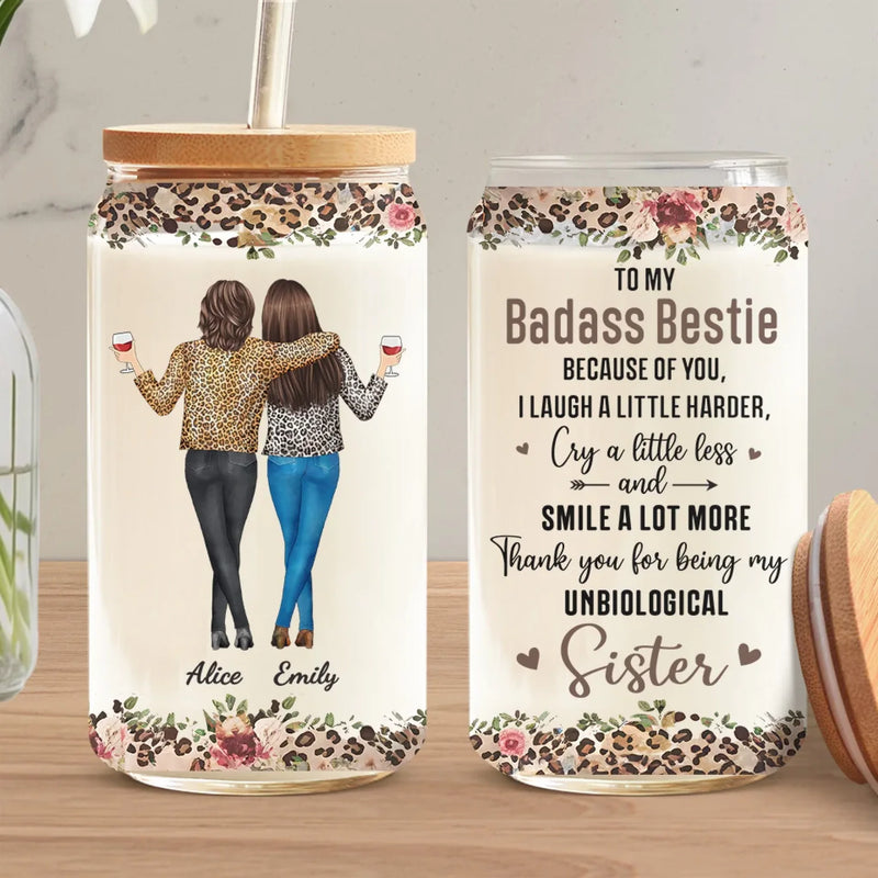 Sisterhood Is Powerful - Bestie Personalized Custom Glass Cup, Iced Coffee Cup - Gift For Best Friends, BFF, Sister