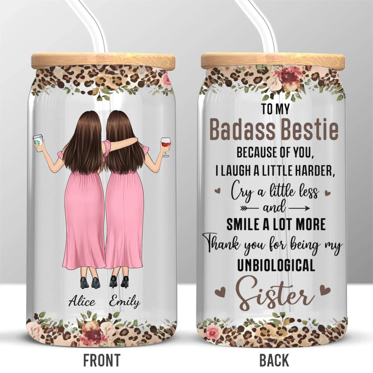 Sisterhood Is Powerful - Bestie Personalized Custom Glass Cup, Iced Coffee Cup - Gift For Best Friends, BFF, Sister