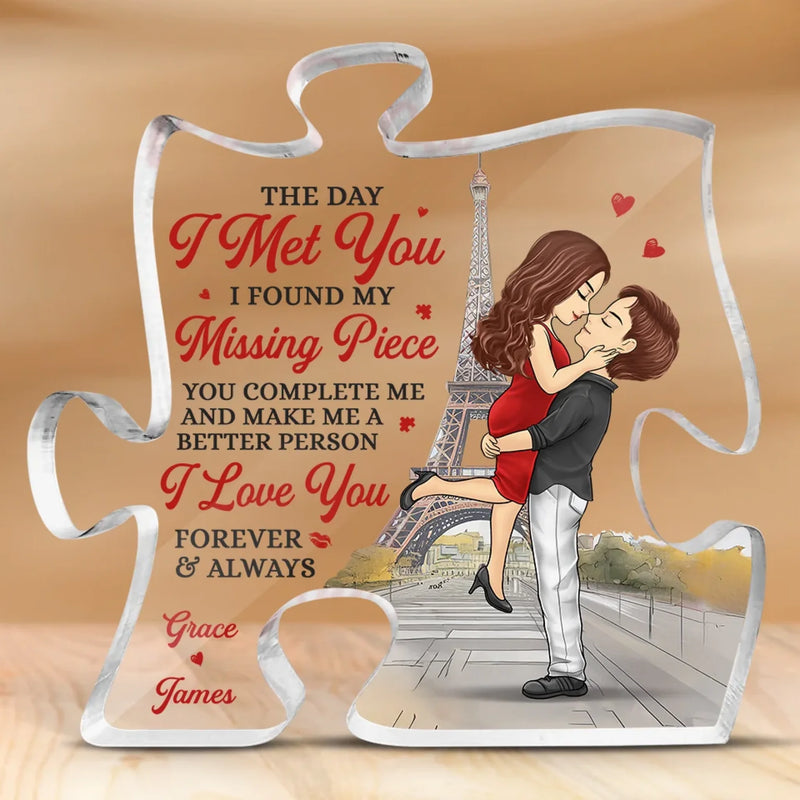 My Heart Belongs With You - Couple Personalized Custom Puzzle Shaped Acrylic Plaque - Gift For Husband Wife, Anniversary