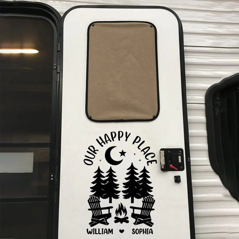 Our Happy Place - Camping Personalized Custom RV Decal - Gift For Yourself, Best Friends, Siblings, Family Members, Camping Lovers