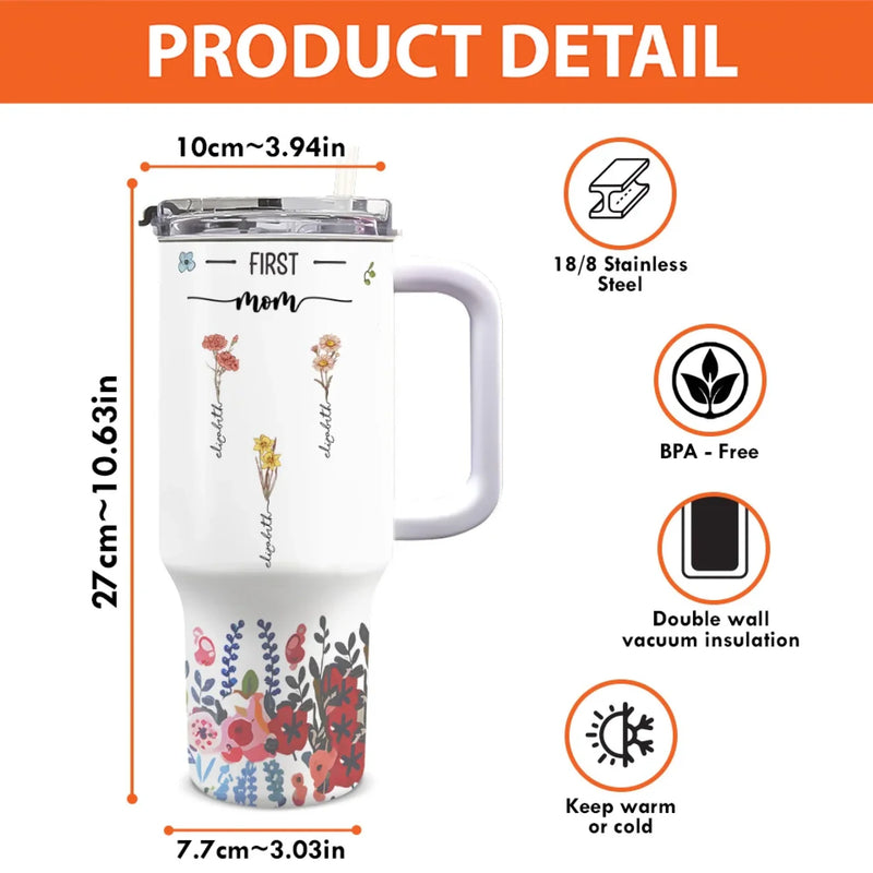 Three Generations, Blooming Together - Family Personalized Custom 40 Oz Stainless Steel Tumbler With Handle - Gift For Mom, Grandma