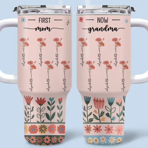 De ses racines, nous fleurissons - Gobelet personnalisé en acier inoxydable de 40 oz avec poignée - Cadeau pour maman, grand-mère