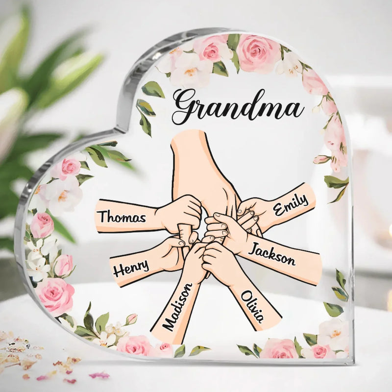 Her Hands May Be Small, But They Hold A World Of Love - Family Personalized Custom Heart Shaped Acrylic Plaque - Gift For Mom, Grandma