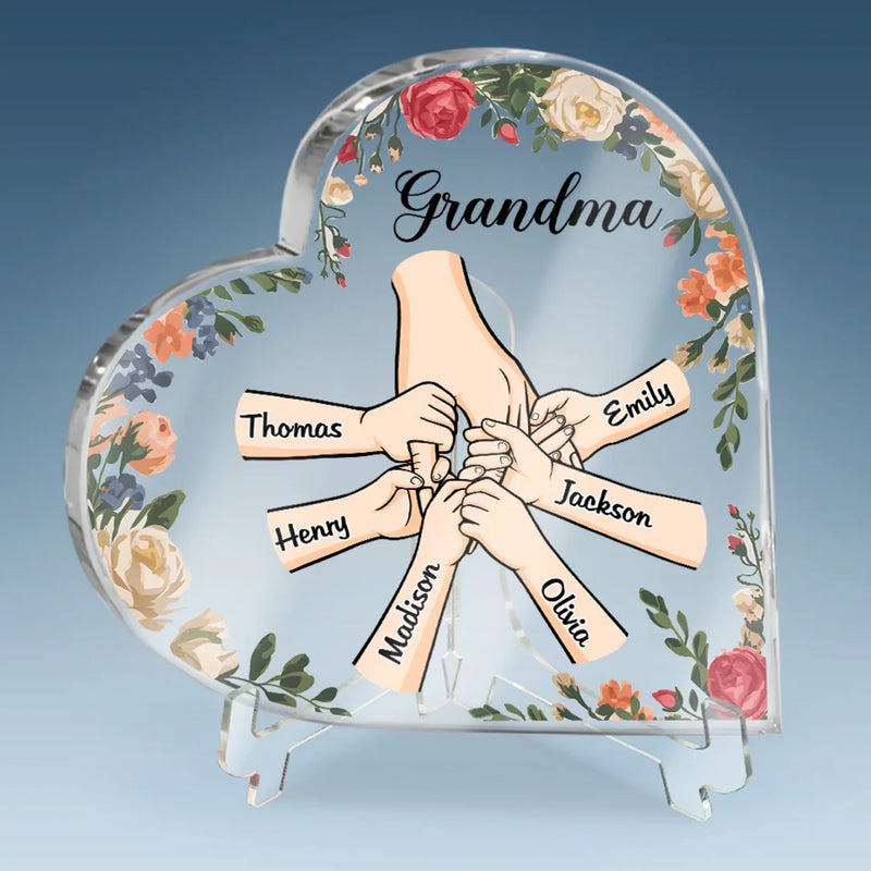Hold My Hand, Hold My Heart - Family Personalized Custom Heart Shaped Acrylic Plaque - Gift For Mom, Grandma