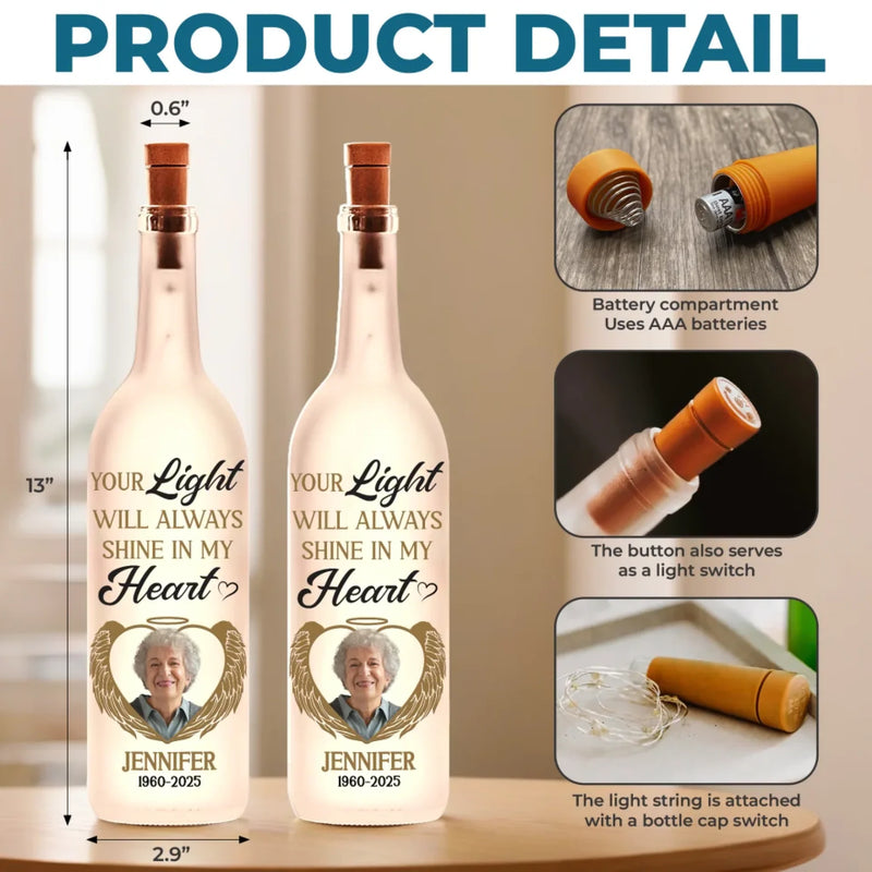 Custom Photo Your Light Will Always Shine In My Heart - Memorial Personalized Custom Bottle Lamp - Sympathy Gift For Family