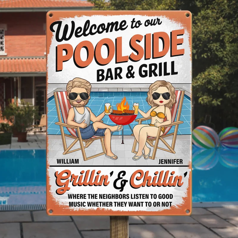 Welcome To Our Poolside - Couple Personalized Custom Home Decor Metal Sign - Gift For Yourself, Husband Wife, Best Friends, Family Members