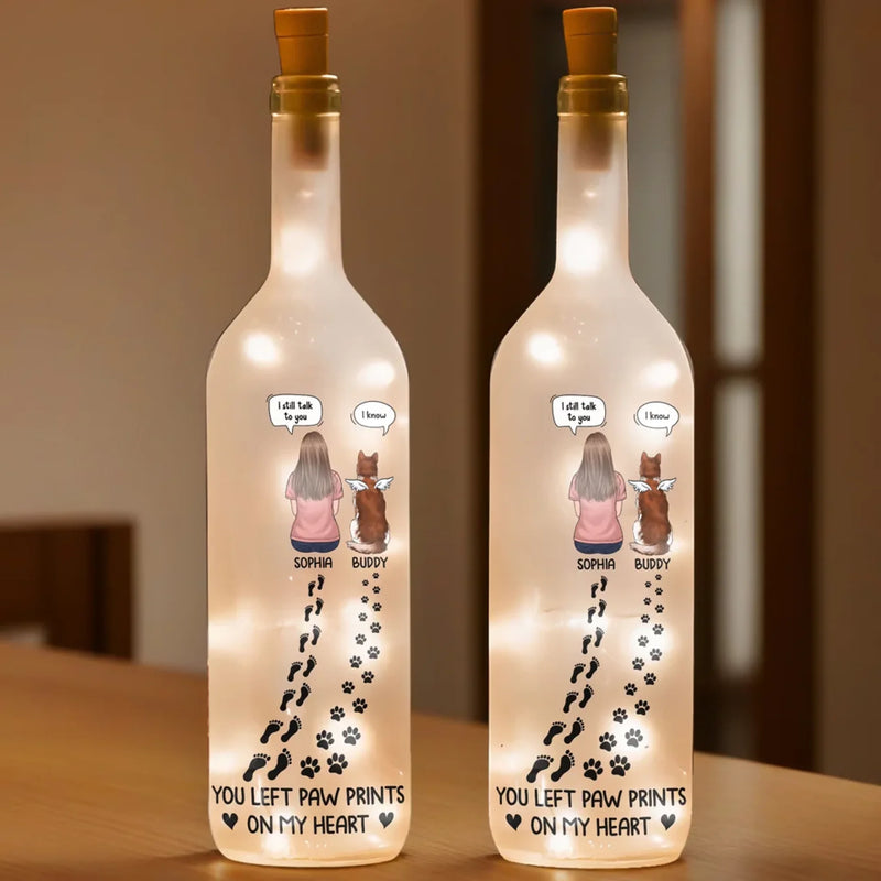 You Left Paw Prints On My Heart - Memorial Personalized Custom Bottle Lamp - Sympathy Gift For Pet Owners, Pet Lovers