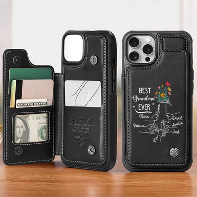 Like A Flower, Her Love Never Fades - Family Personalized Custom Leather Flip Wallet Phone Case - Mother's Day Gift For Mom, Grandma