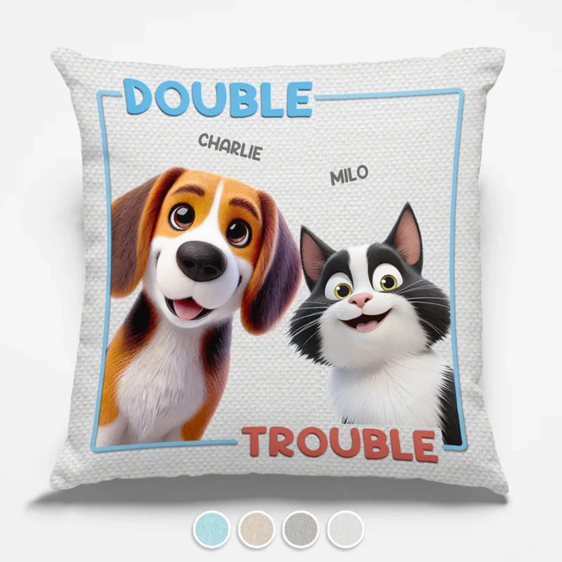 Double Trouble, Powered By Paws - Dog & Cat Personalized Custom Pillow - Gift For Pet Owners, Pet Lovers