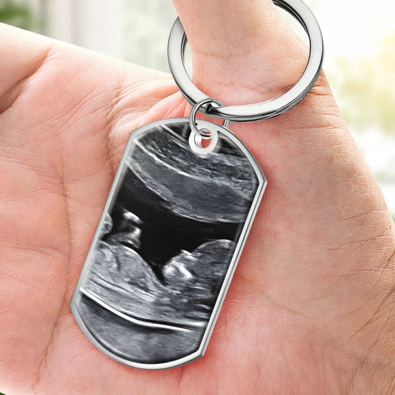 Custom Photo Waiting For The Sweetest Hello - Family Personalized Custom Keychain - Mother's Day, Baby Shower Gift, Gift For First Mom