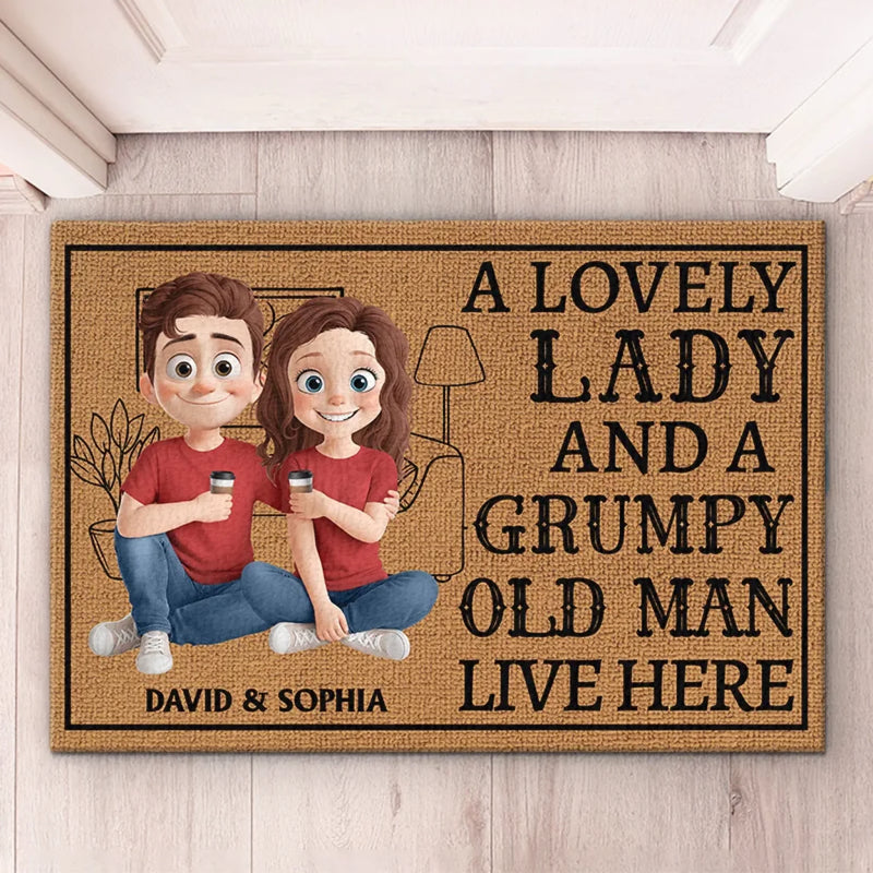 A Lovely Lady And A Grumpy Old Man Live Here - Couple Personalized Custom Home Decor Decorative Mat - House Warming Gift For Couple, Husband, Wife