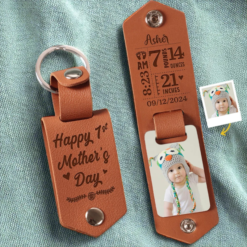 Custom Photo My Mom, My Greatest Gift - Family Personalized Custom Engraved Leather Keychain - Mother's Day, Baby Shower Gift, Gift For First Mom