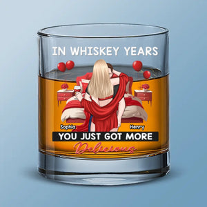 In Whiskey Years You Just Got More Delicious - Couple Personalized Custom Whiskey Glass - Gift For Husband Wife, Anniversary