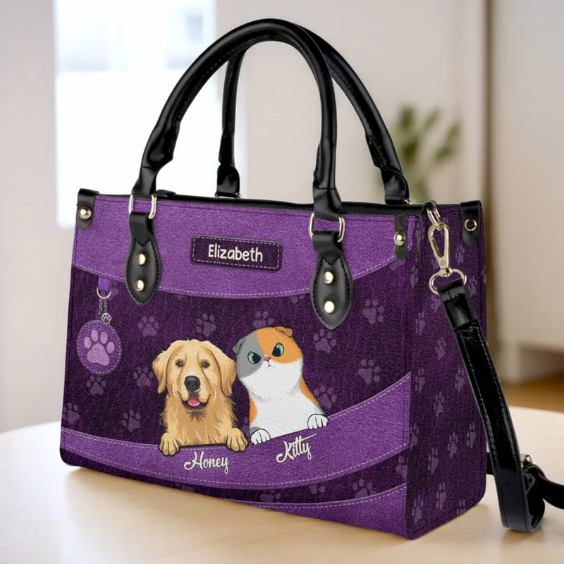Paws, Love, And Happiness - Dog & Cat Personalized Custom Leather Handbag - Gift For Dog Lovers, Cat Lovers