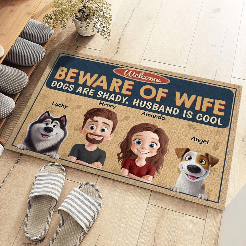 Be Aware Of Wife - Couple Personalized Custom Home Decor Decorative Mat - House Warming Gift For Husband Wife, Anniversary, Pet Owners, Pet Lovers