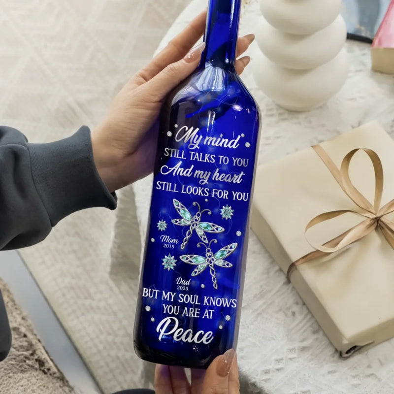 A Soul At Peace, A Love That Never Ends - Memorial Personalized Custom Blue Bottle Lamp - Sympathy Gift For Family Members