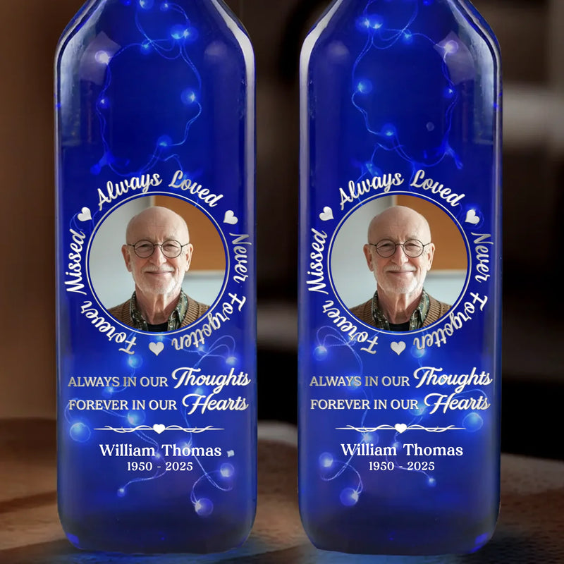Custom Photo Forever In Our Hearts, Forever In Our Light - Memorial Personalized Custom Blue Bottle Lamp - Sympathy Gift For Family Members