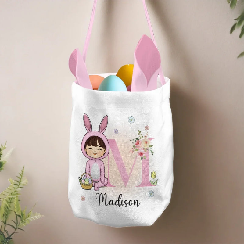 Hoppy Easter, Little Bunny - Family Personalized Custom Bunny Basket, Tote With Bunny Ears  - Easter Gift For Kids Egg Hunt, Family Members