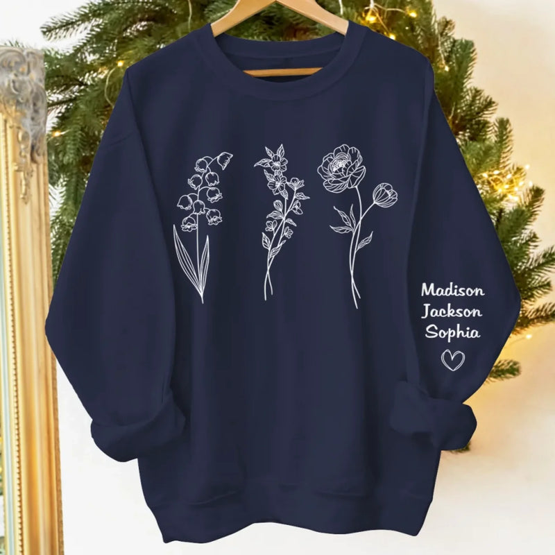 Blooming Bonds - Family Personalized Custom Unisex Sweatshirt, Hoodie With Design On Sleeve - Mother's Day, Gift For Mom, Grandma