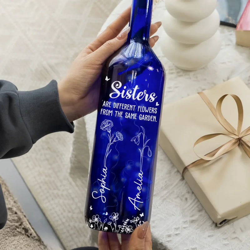 Sisters Are Different Flowers From The Same Garden - Bestie Personalized Custom Blue Bottle Lamp - Gift For Best Friends, BFF, Sisters