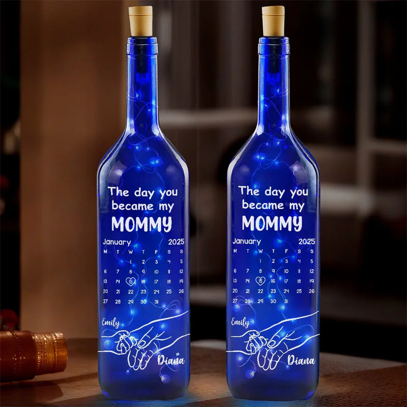 Forever Grateful, The Day You Became My Mommy - Family Personalized Custom Blue Bottle Lamp - Baby Shower Gift, Gift For First Mom