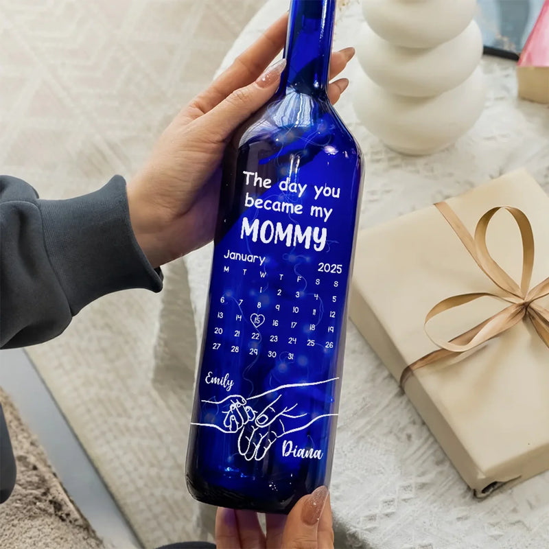 Forever Grateful, The Day You Became My Mommy - Family Personalized Custom Blue Bottle Lamp - Baby Shower Gift, Gift For First Mom