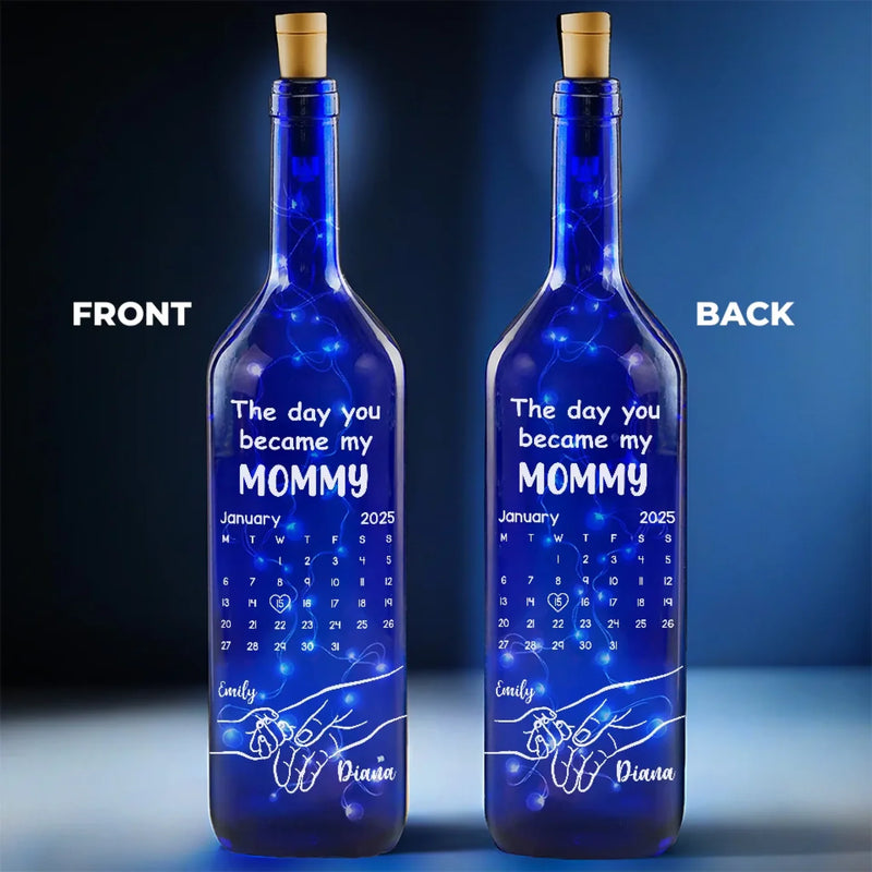 Forever Grateful, The Day You Became My Mommy - Family Personalized Custom Blue Bottle Lamp - Baby Shower Gift, Gift For First Mom