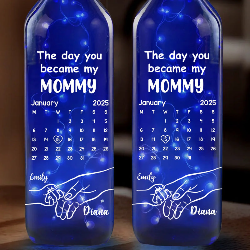 Forever Grateful, The Day You Became My Mommy - Family Personalized Custom Blue Bottle Lamp - Baby Shower Gift, Gift For First Mom