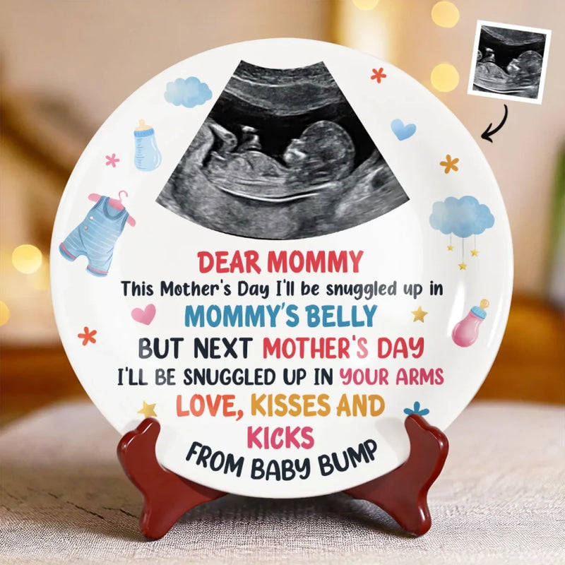 Custom Photo A Tiny Gift, A Huge Joy - Family Personalized Custom Ceramic Plate - Mother's Day, Baby Shower Gift, Gift For First Mom