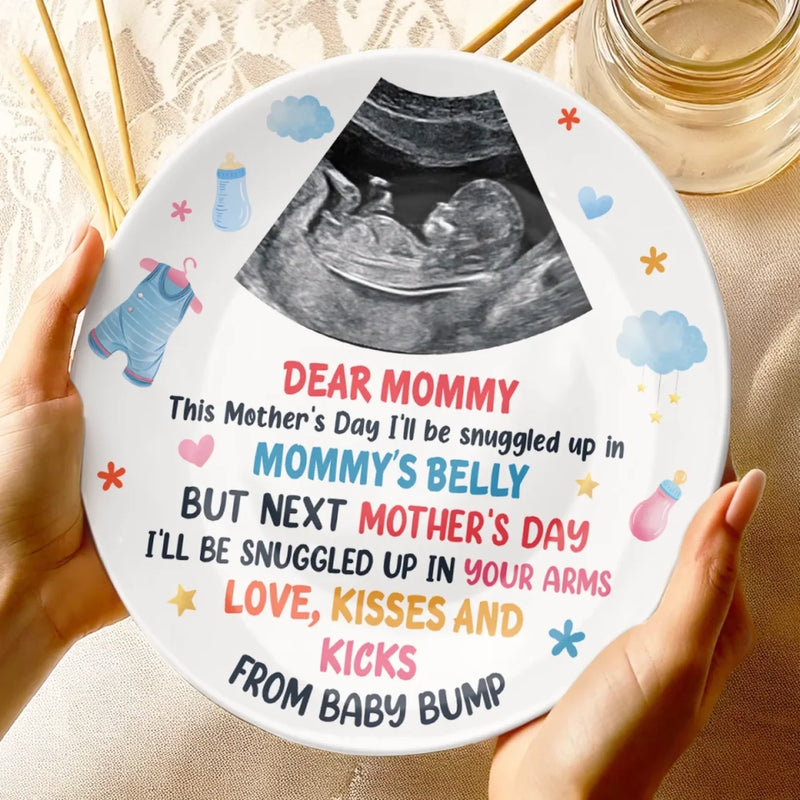 Custom Photo A Tiny Gift, A Huge Joy - Family Personalized Custom Ceramic Plate - Mother's Day, Baby Shower Gift, Gift For First Mom