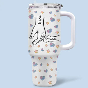 Mains dans la main, cœurs dans les mains - Gobelet personnalisé en acier inoxydable avec poignée, effet gonflé 3D, imprimé, 40 oz - Fête des Mères, cadeau pour maman, grand-mère