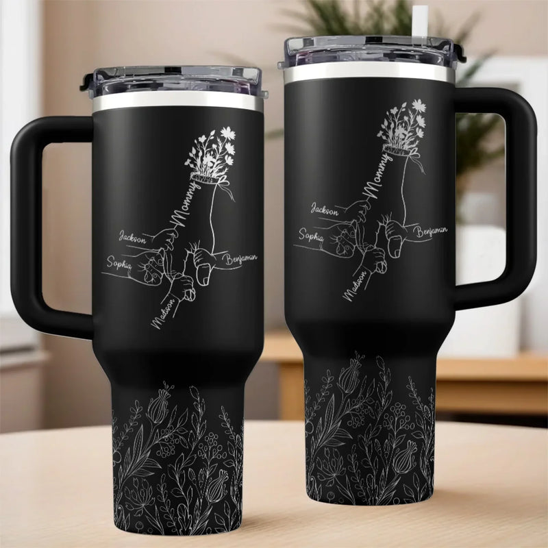 The Hands That Raised Us, The Love That Guides Us - Family Personalized Custom Engraved 40oz Tumbler With Handle - Mother's Day, Gift For Mom, Grandma