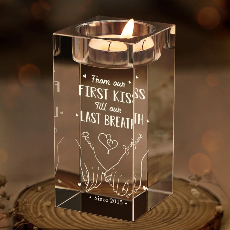 Our Love Story Never Ends - Couple Personalized Custom 3D Crystal Photo Laser Engraved, Crystal Candle Holder - Gift For Husband Wife, Anniversary